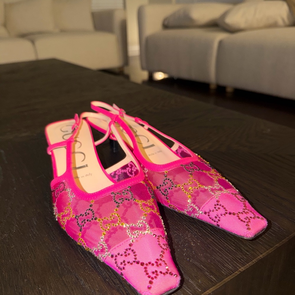 Gucci Hot Pink Sequin Embroidered Slingback Flats